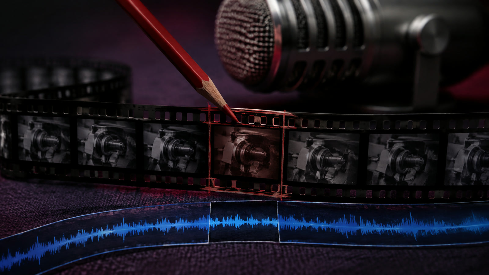 A marked replacement section of training film aligns with an audio ribbon, illustrating a dubbing correction.