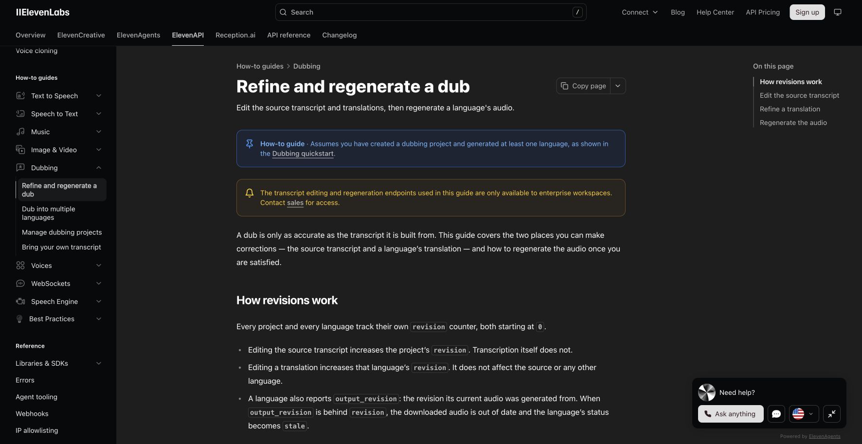 ElevenLabs enterprise refinement and output revisions: public reference page