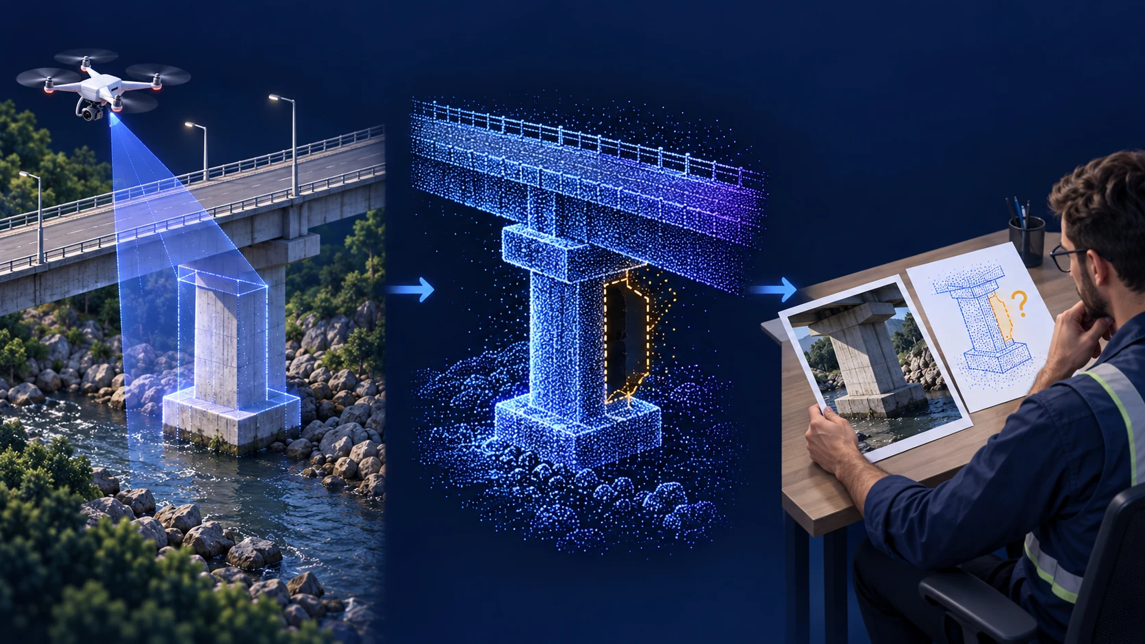 Proposed preliminary survey of selected supports, linking aerial capture to a spatial overview and a specialist’s brief.