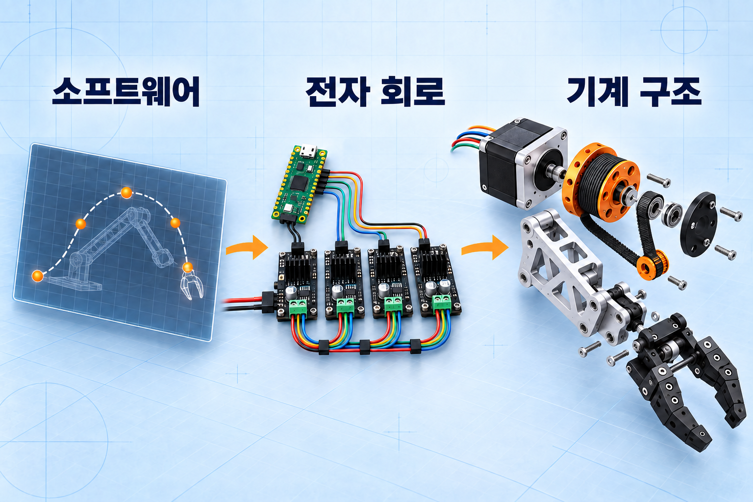 세 계층의 개념도. 소프트웨어가 궤적을 계획하고, 마이크로컨트롤러와 모터 드라이버가 명령을 보내며, 관절 전달계와 그리퍼 분해도가 기계 부품을 보여 줍니다.