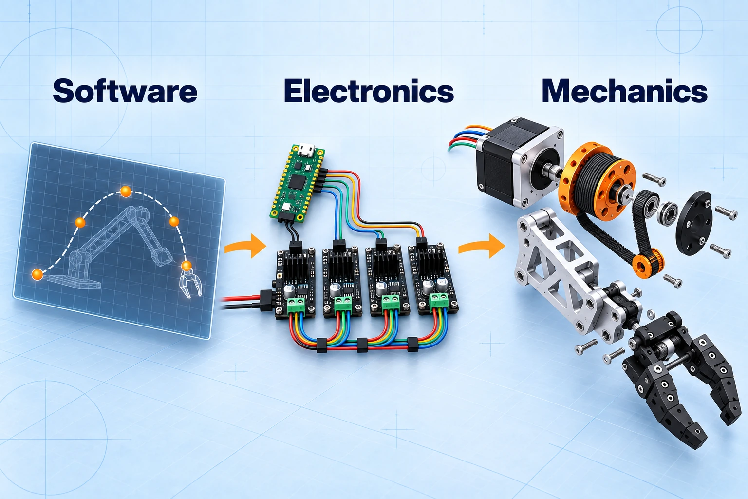 Three conceptual layers: software plans a trajectory, a microcontroller and motor drivers issue commands, and an exploded joint transmission and gripper show the mechanical components.