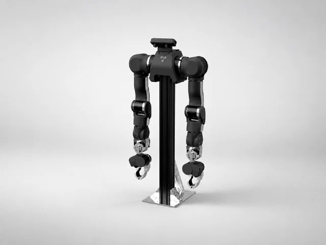 WowRobo’s OpenArm 2 bimanual platform with two arms on a central support.
