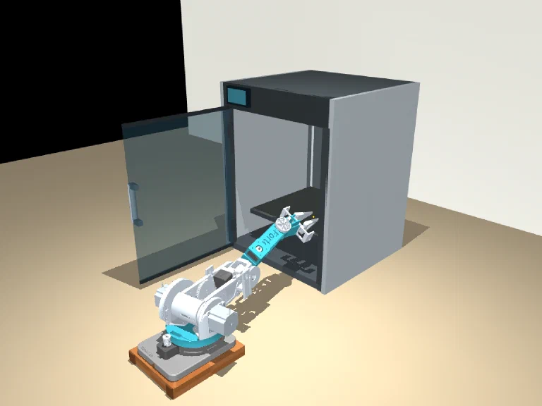 Fixed-base FORTE arm reaching just inside the modeled printer