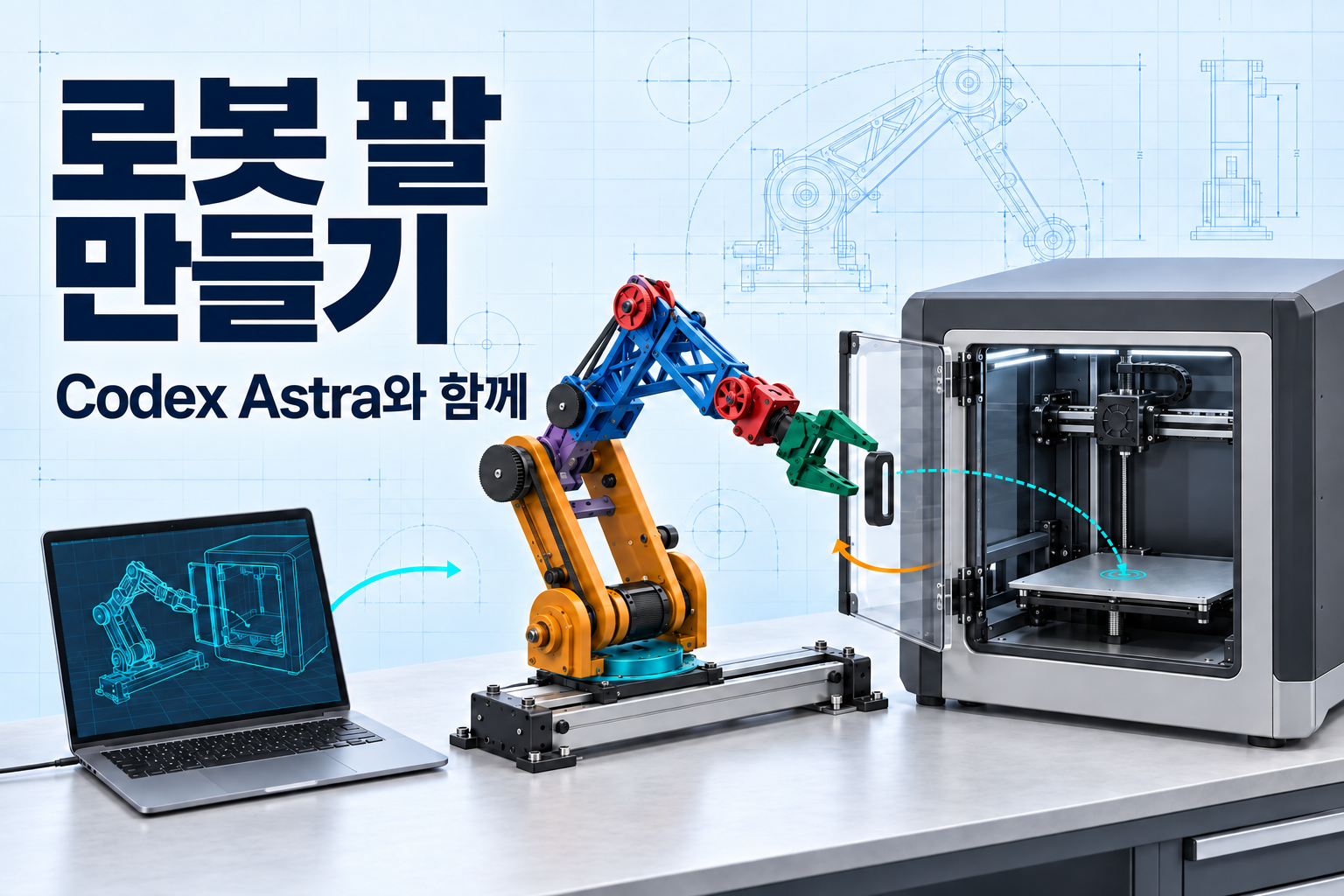 Codex Astra와 로봇 팔 만들기. 연한 파란 도면 배경 위에 슬라이딩 베이스의 FORTE형 팔, 문이 열린 프린터, 디지털 트윈을 띄운 노트북이 놓여 있습니다.