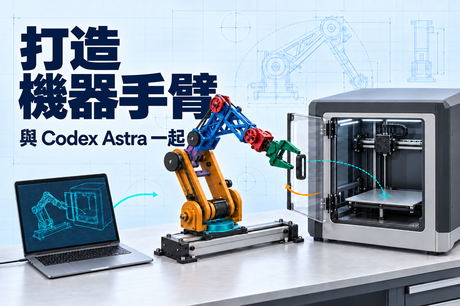 與 Codex Astra 打造機器手臂。淺藍色藍圖背景上，滑動底座上的 FORTE 型手臂，位於開門的印表機與顯示數位分身的筆電旁。
