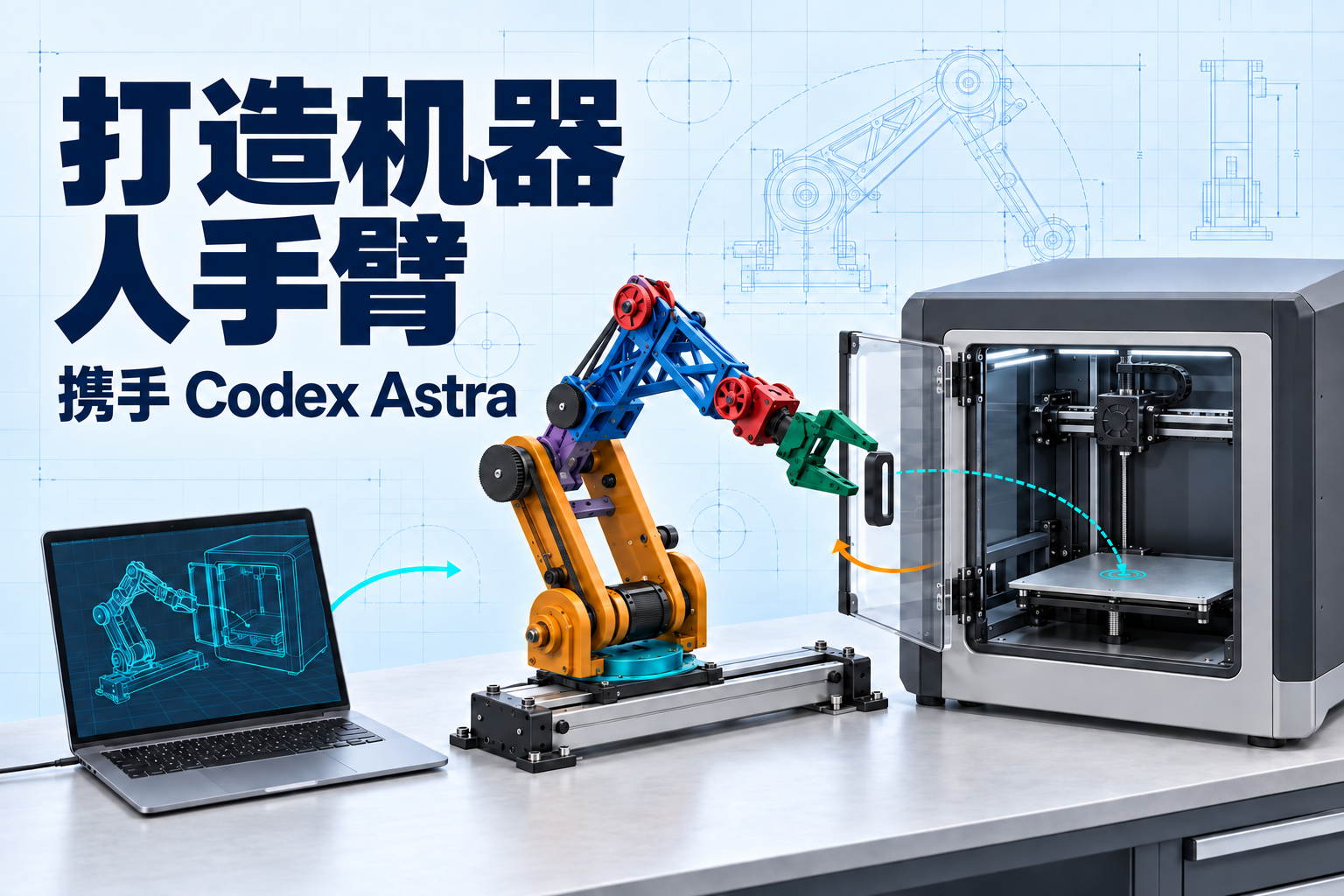 与 Codex Astra 打造机械臂。浅蓝色蓝图背景上,滑动底座上的 FORTE 式机械臂位于开门的打印机和显示数字孪生的笔记本电脑旁。