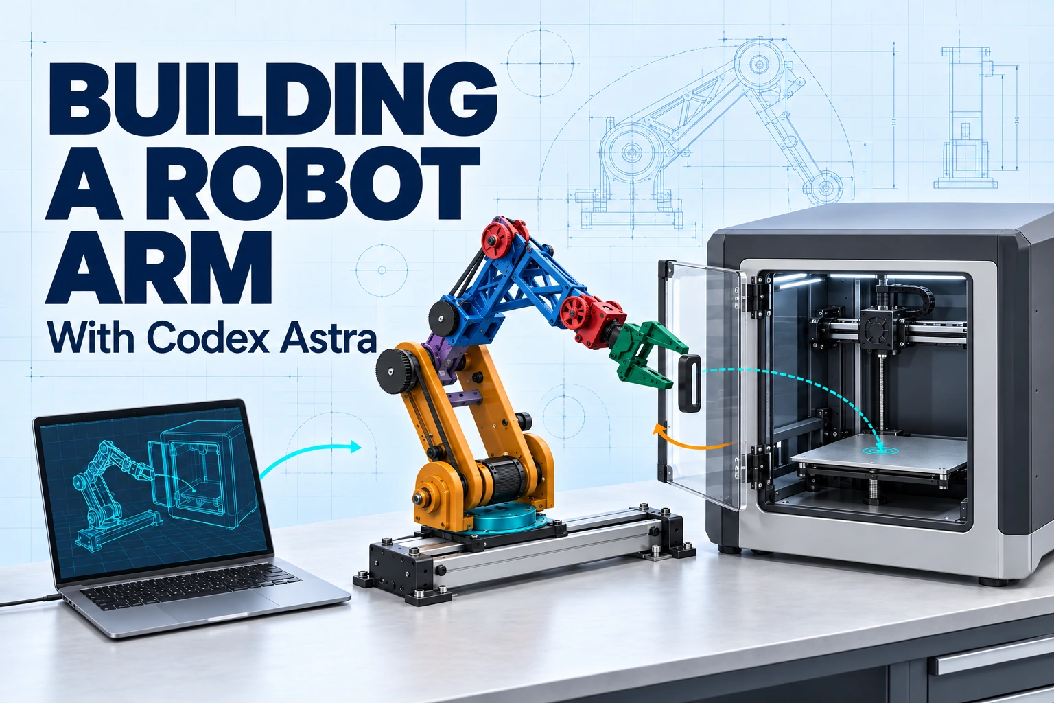 Building a Robot Arm — With Codex Astra. A FORTE-style arm on a sliding base beside an open printer and digital-twin laptop, on a pale-blue blueprint background.