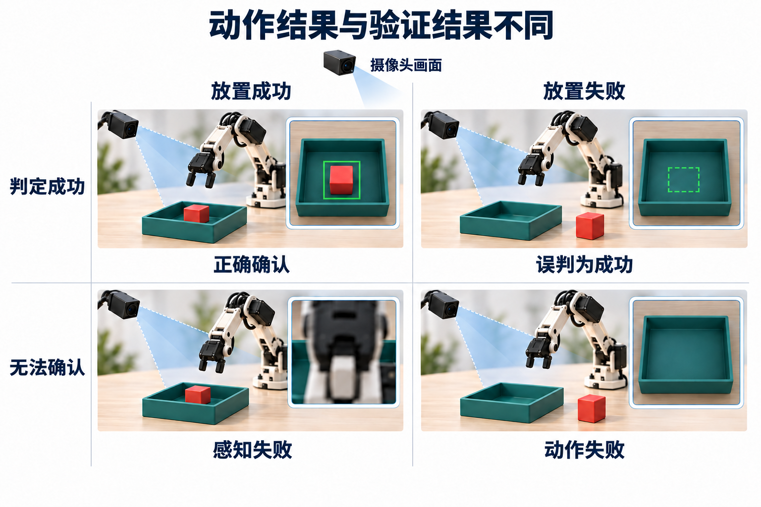 四种示例结果,对比实际放置情况与相机验证:正确确认的放置、将放置失败误判为成功、放置成功但视线被遮挡,以及未获确认的动作失败。