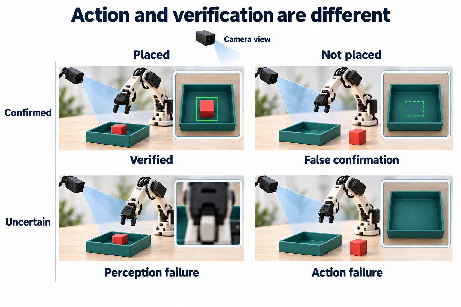 Four illustrative outcomes compare the actual placement with camera verification: correctly verified placement, false confirmation of a failed placement, successful placement obscured from view, and an action failure without confirmation.