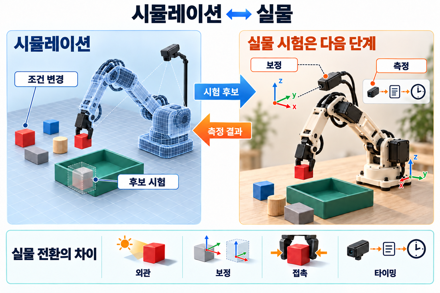 시뮬레이션에서 조건을 바꾸며 후보를 시험한다. 예정된 실물 시험에서는 카메라와 로봇 팔을 보정하고 동작을 측정한다. 후보는 하드웨어 시험으로, 측정 결과는 시뮬레이션으로 전달된다. 외관, 보정, 접촉, 타이밍은 서로 다른 전이 과제다.