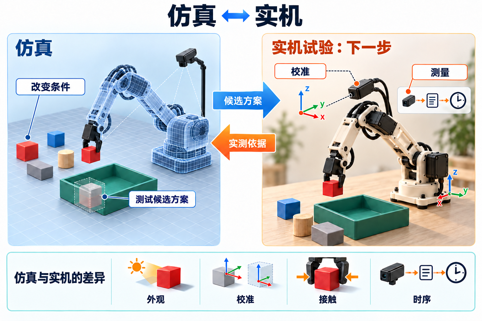 仿真通过改变条件测试候选方案。计划中的实机试验将校准相机和机械臂,并测量行为。候选方案送往硬件验证,测量结果返回仿真。外观、校准、接触和时序是不同的迁移差异。