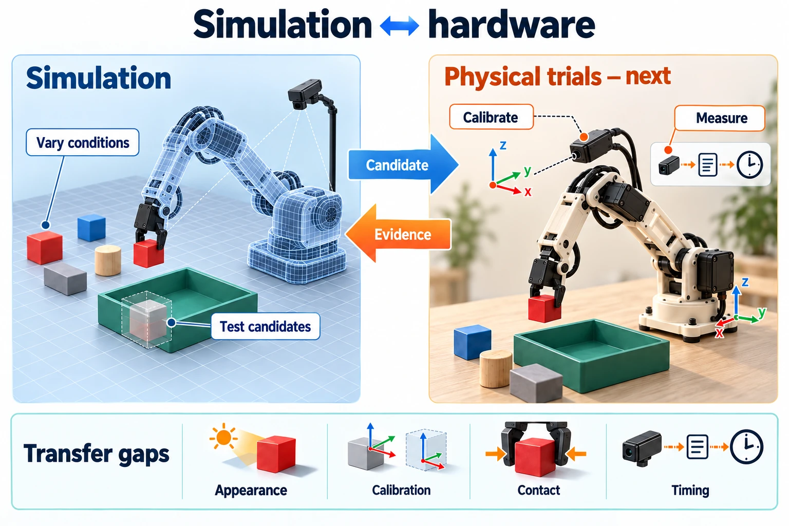 Simulation varies conditions and tests candidates. Planned physical trials calibrate the camera and arm and measure behavior. Candidates move toward hardware; measurements return to simulation. Appearance, calibration, contact and timing are distinct transfer gaps.