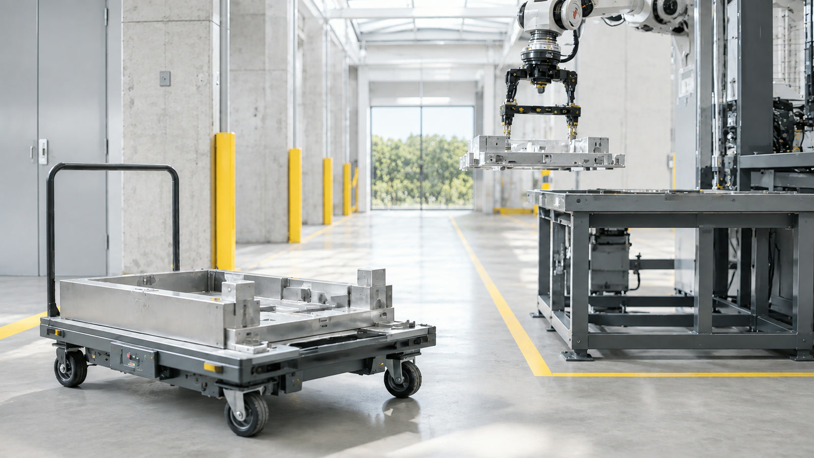 A stationary gripper and a separate mobile cart expose the handoff between loading and transport.