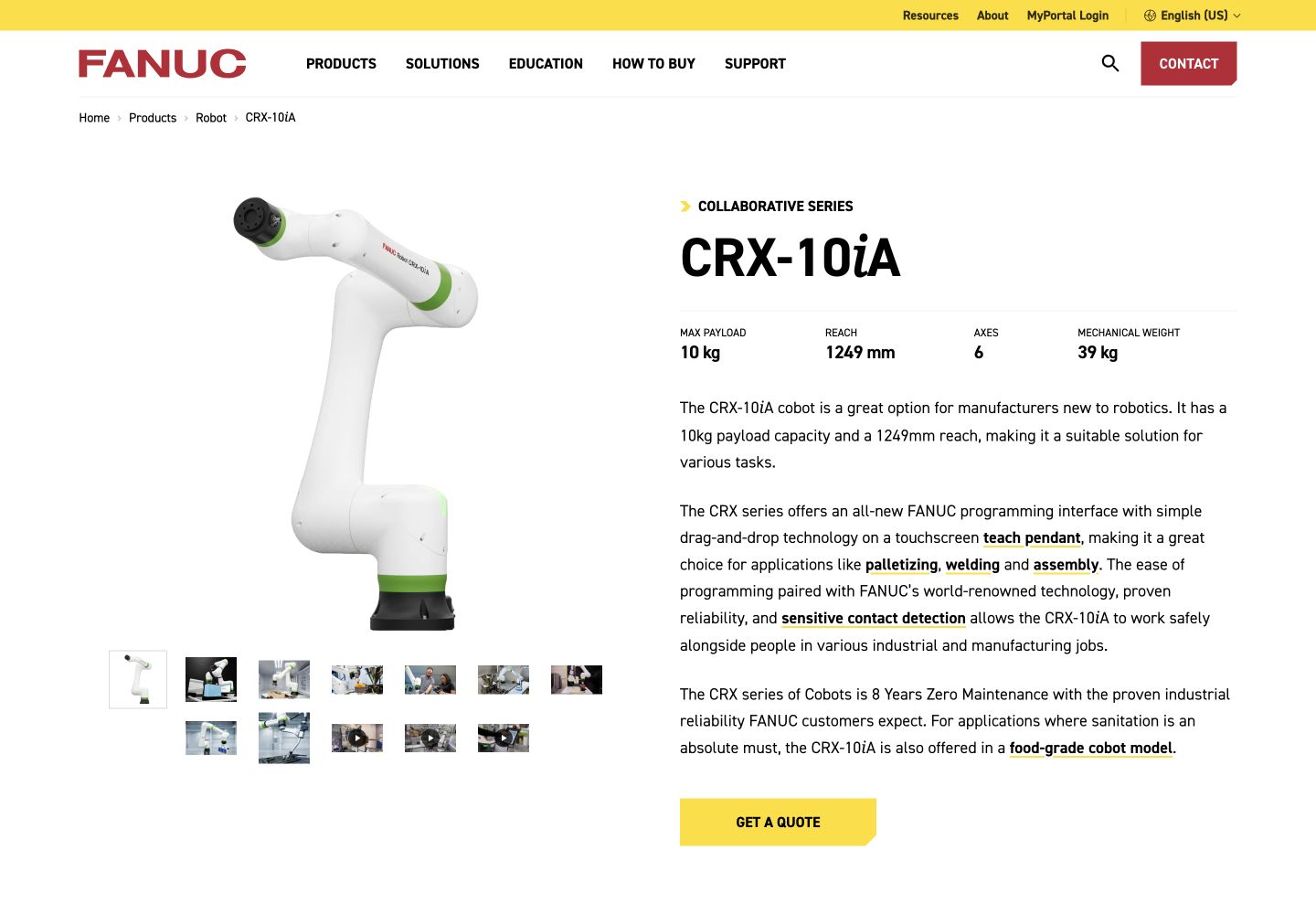 FANUC’s CRX-10iA model page with its 10 kg payload and 1,249 mm reach.