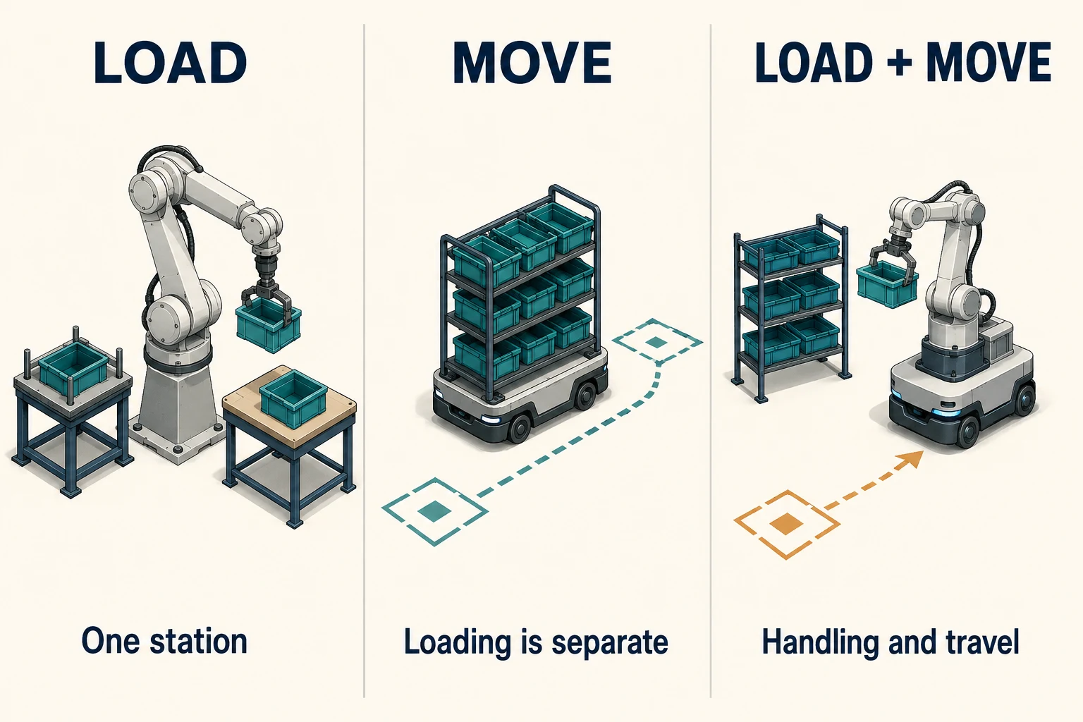 Three separate task scopes: a fixed arm loads at one station; an AMR transports an already loaded rack; a wheeled mobile manipulator handles a tote and travels. Transport alone leaves loading separate.