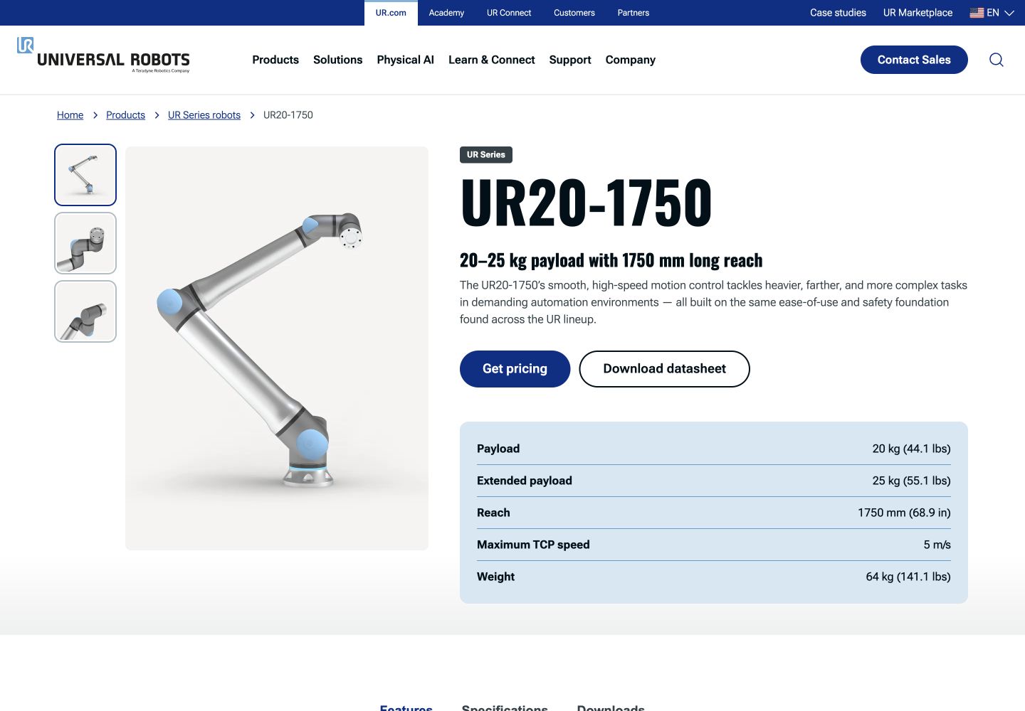 Universal Robots’ UR20-1750 product page showing the arm, payload and reach.