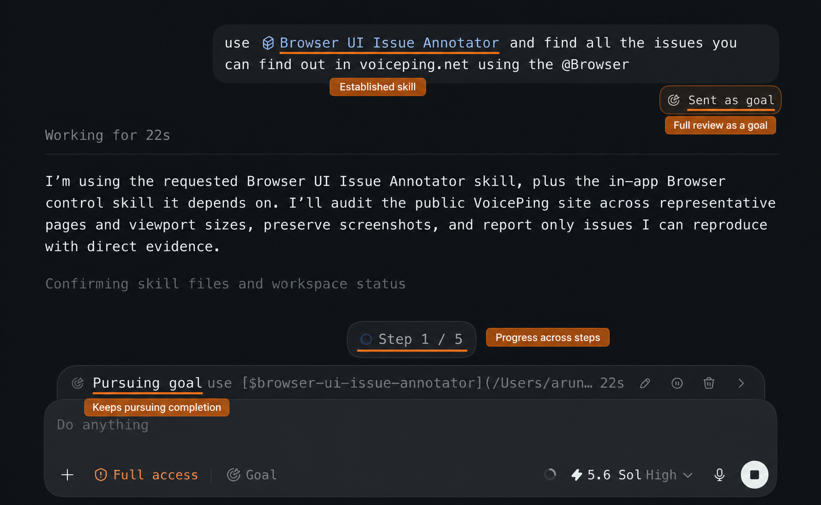 Annotated Codex Goal mode task showing the established Browser UI Issue Annotator skill, Sent as goal state, step progress, and Pursuing goal status