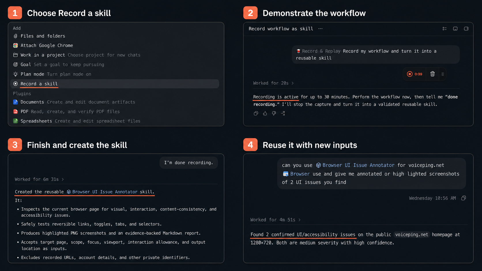 Four annotated Codex Record and Replay screenshots showing Record a skill selected, recording active, the Browser UI Issue Annotator skill created, and the skill reused on VoicePing