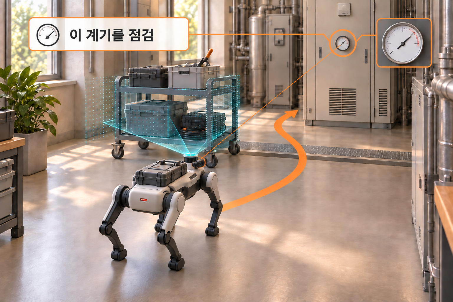 점검 작업 개념도. 사족보행 로봇이 길을 막은 카트를 감지하고 우회한 뒤 지시받은 계기를 식별한다. 관측 대상은 확대 화면으로도 표시되어 있다.