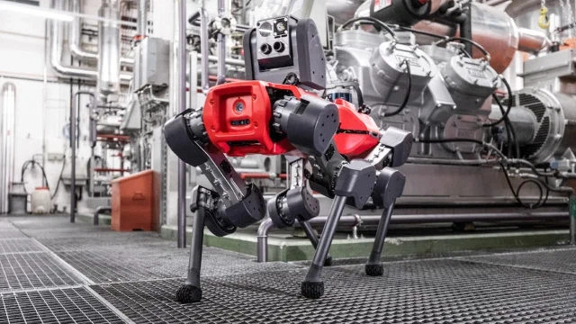 ANYmal with its inspection sensor head in an industrial plant, from ANYbotics’ introduction video.