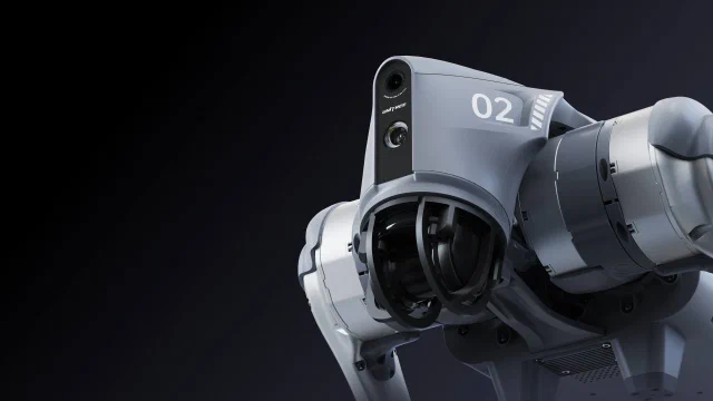 Close view of the Go2 product family’s front sensing hardware in Unitree’s product imagery.