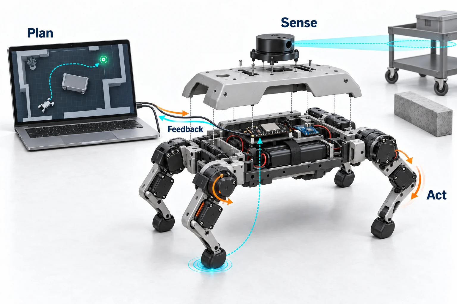 Exploded robot concept: a laptop plans a route around a cart, LiDAR measures the surroundings, onboard electronics drive servo joints, and foot and body observations return as feedback.