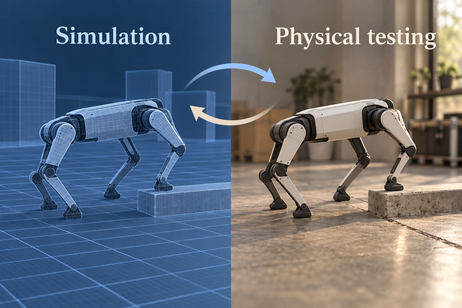 Conceptual comparison of the same quadruped and obstacle in simulation and physical testing, with arrows in both directions to represent transfer and model refinement.