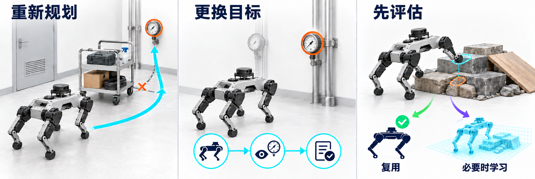 重新规划路线以绕过推车;把同一套行走、观测、报告流程用于另一个仪表;地形变化时,先评估运动表现,再决定复用原有能力还是继续学习。