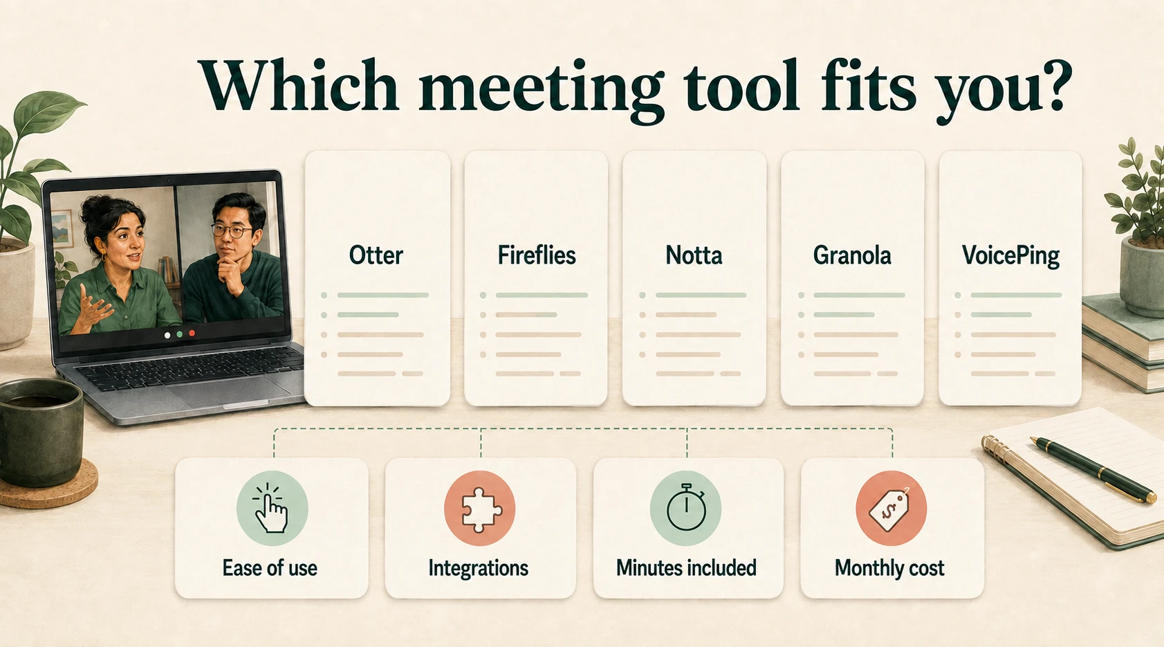 Otter, Fireflies, Notta, Granola and VoicePing compared through ease of use, integrations, included minutes and monthly cost.