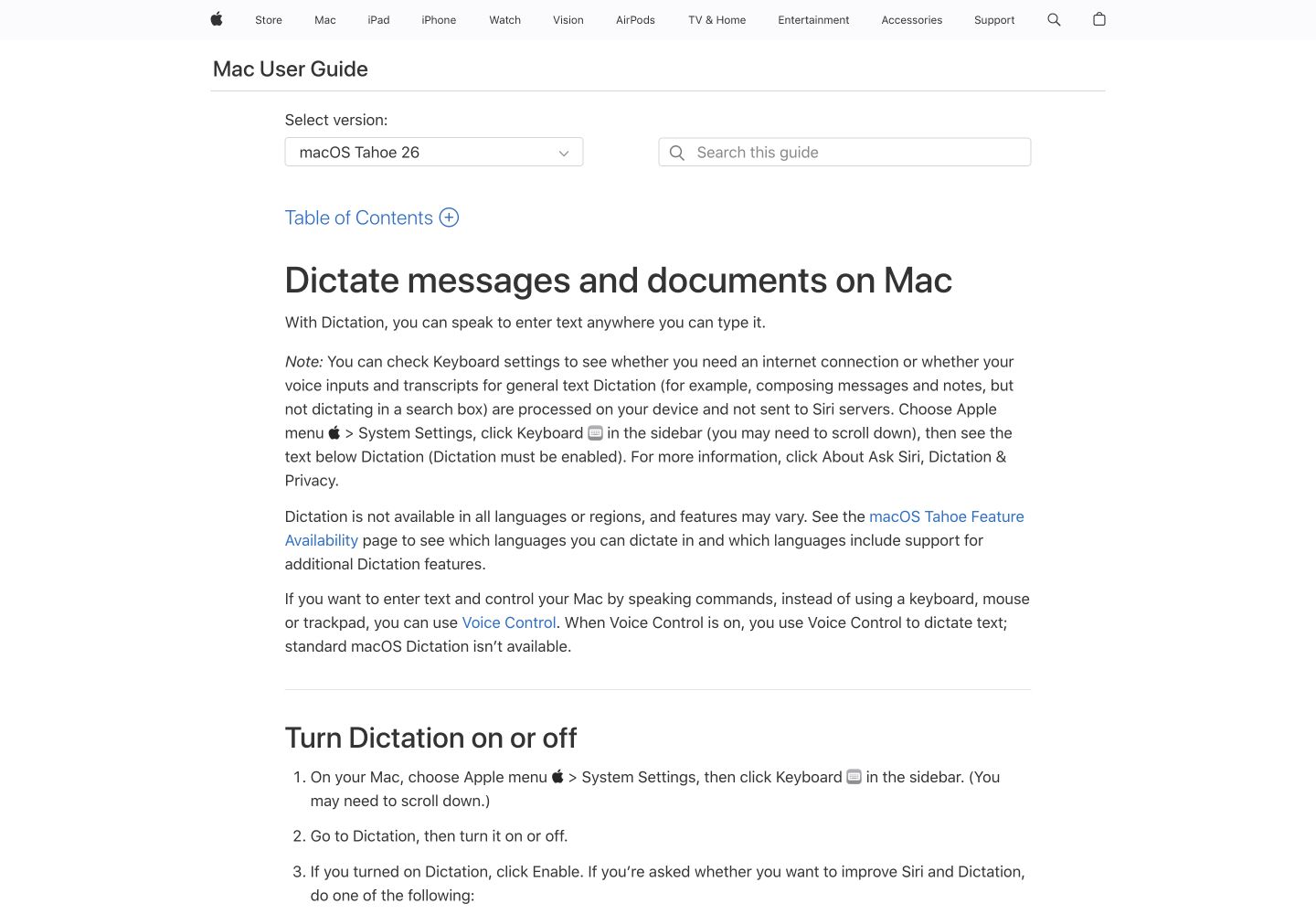 Apple's English Mac User Guide showing Dictation and its Keyboard settings requirements.