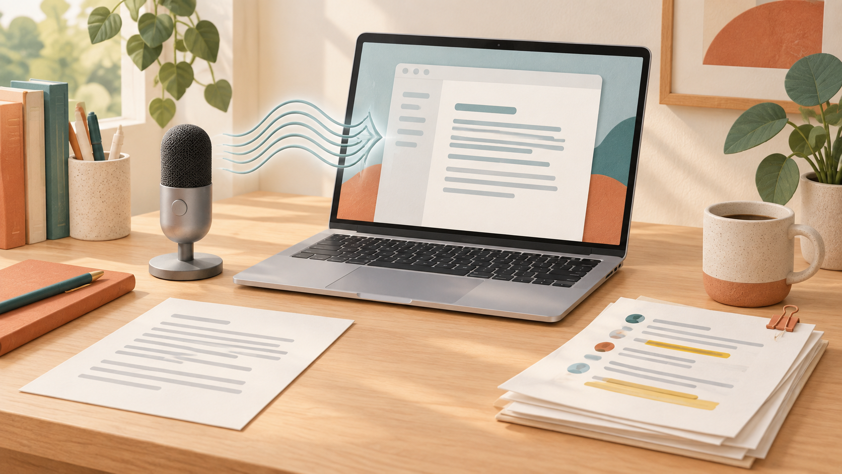 A microphone beside a laptop, a dictated draft and a stack of meeting notes.