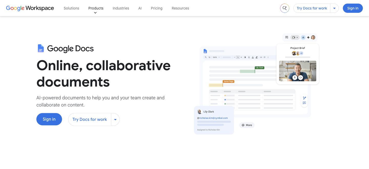 Google Docs' official product page showing a collaborative document and video-call panel.