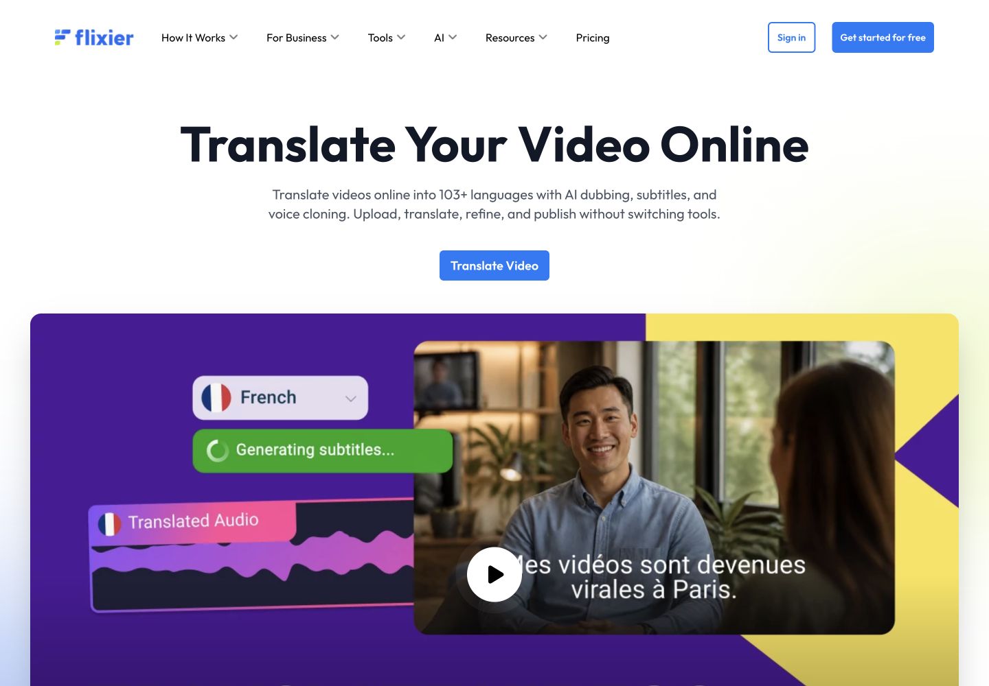 Flixier's official video translator page introducing translated subtitles and dubbing.