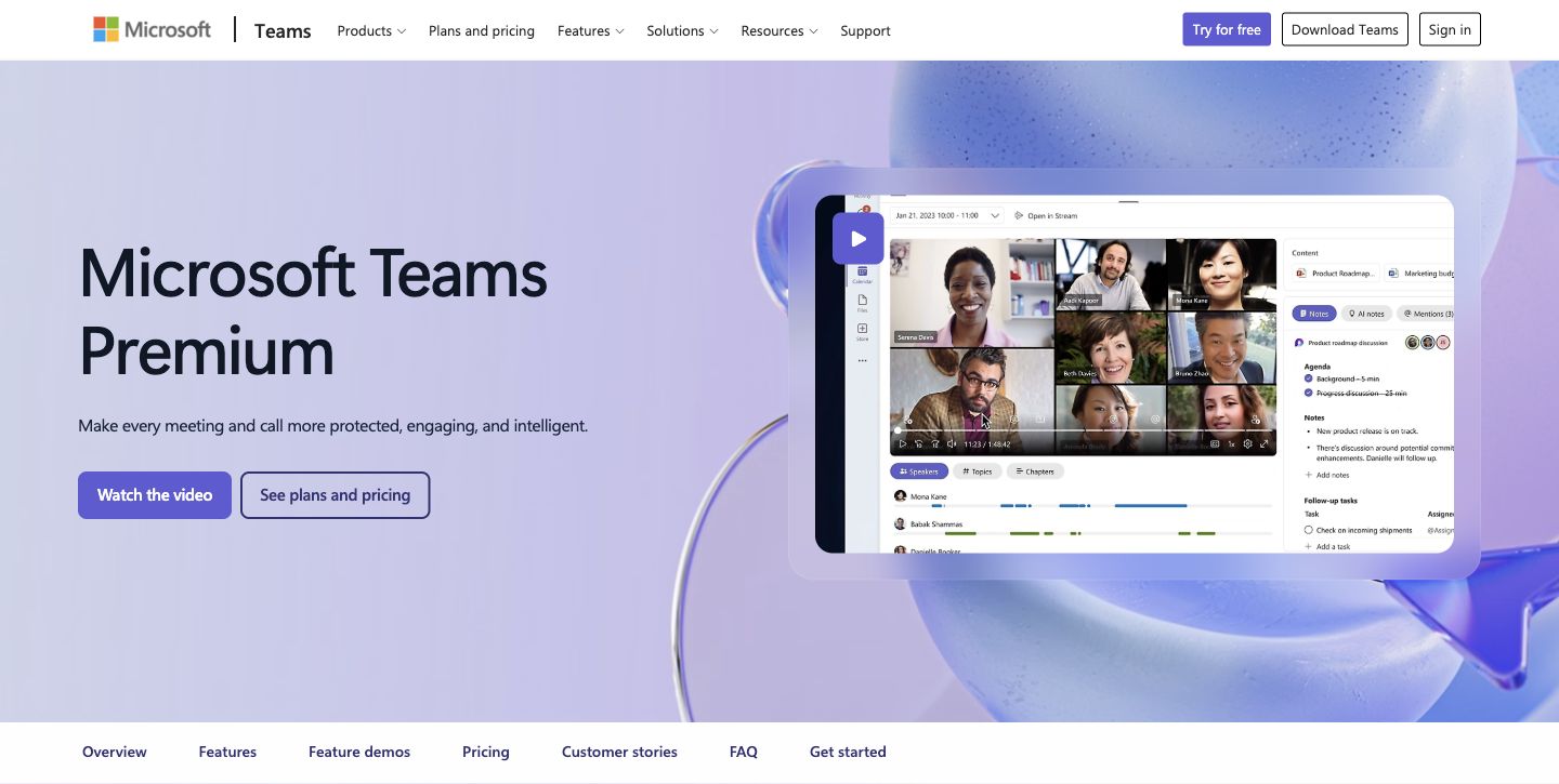 Microsoft Teams Premium's official product page with a meeting interface and plan links.