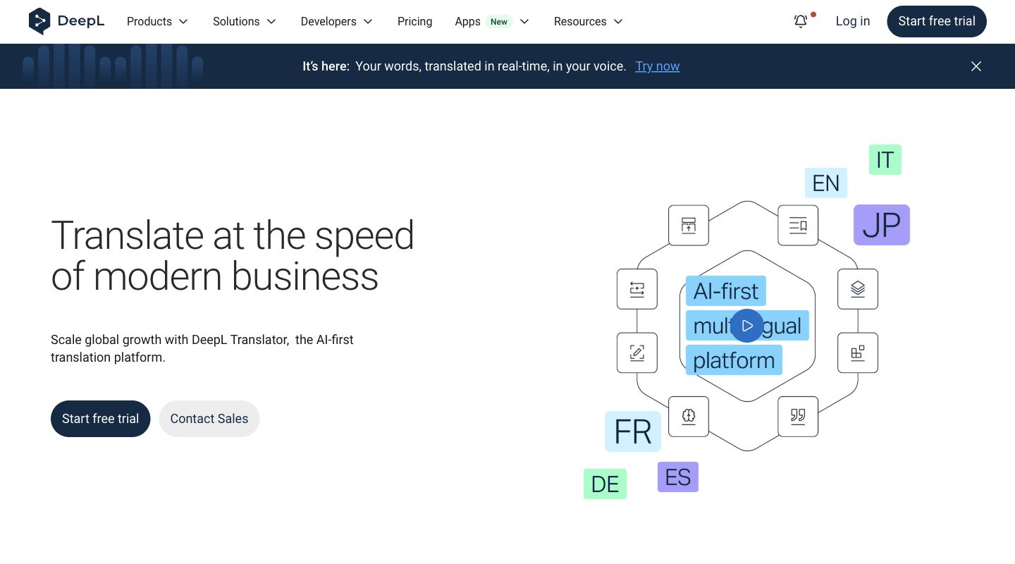 DeepL Translator product page showing its multilingual translation platform.