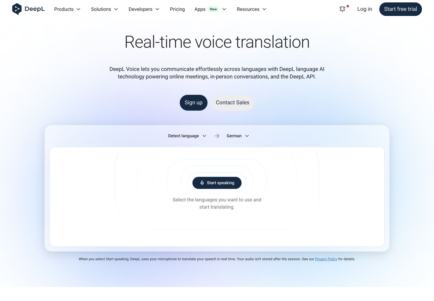 DeepL Voice product page with its real-time speech demo controls.