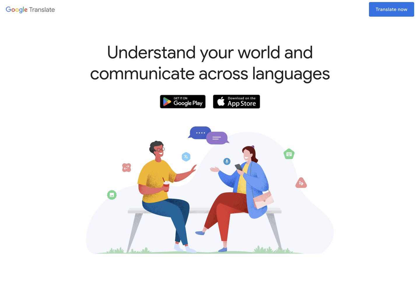 Google Translate product page with app links and a conversation illustration.