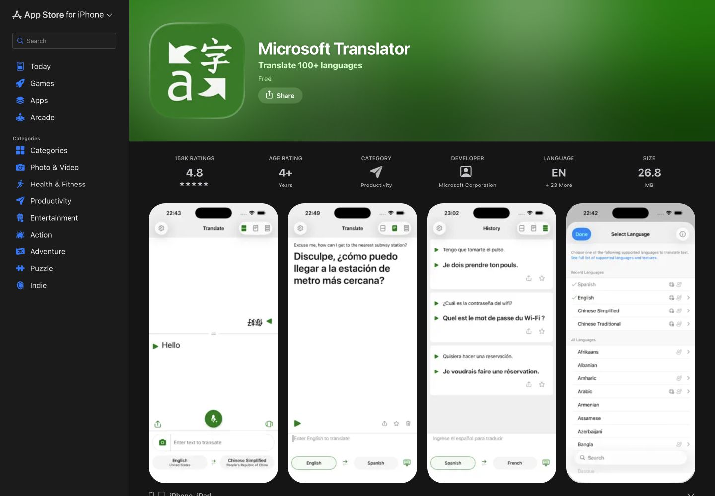Microsoft Translator iOS listing with translation interface previews.