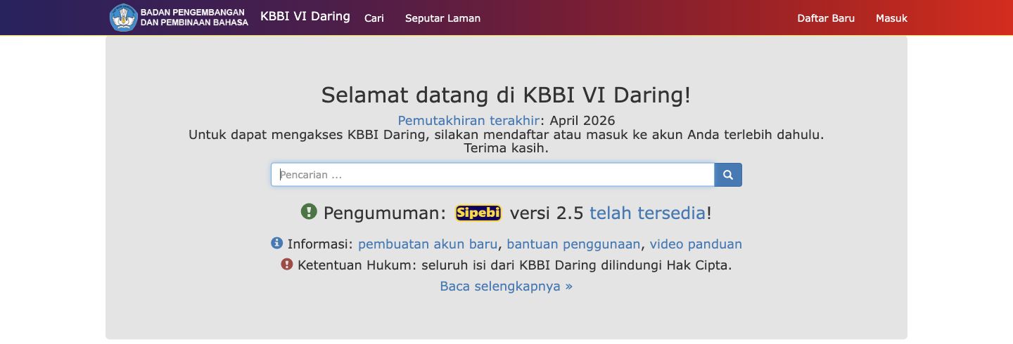 KBBI VI Daring official dictionary page with its sign-in requirement and search field.