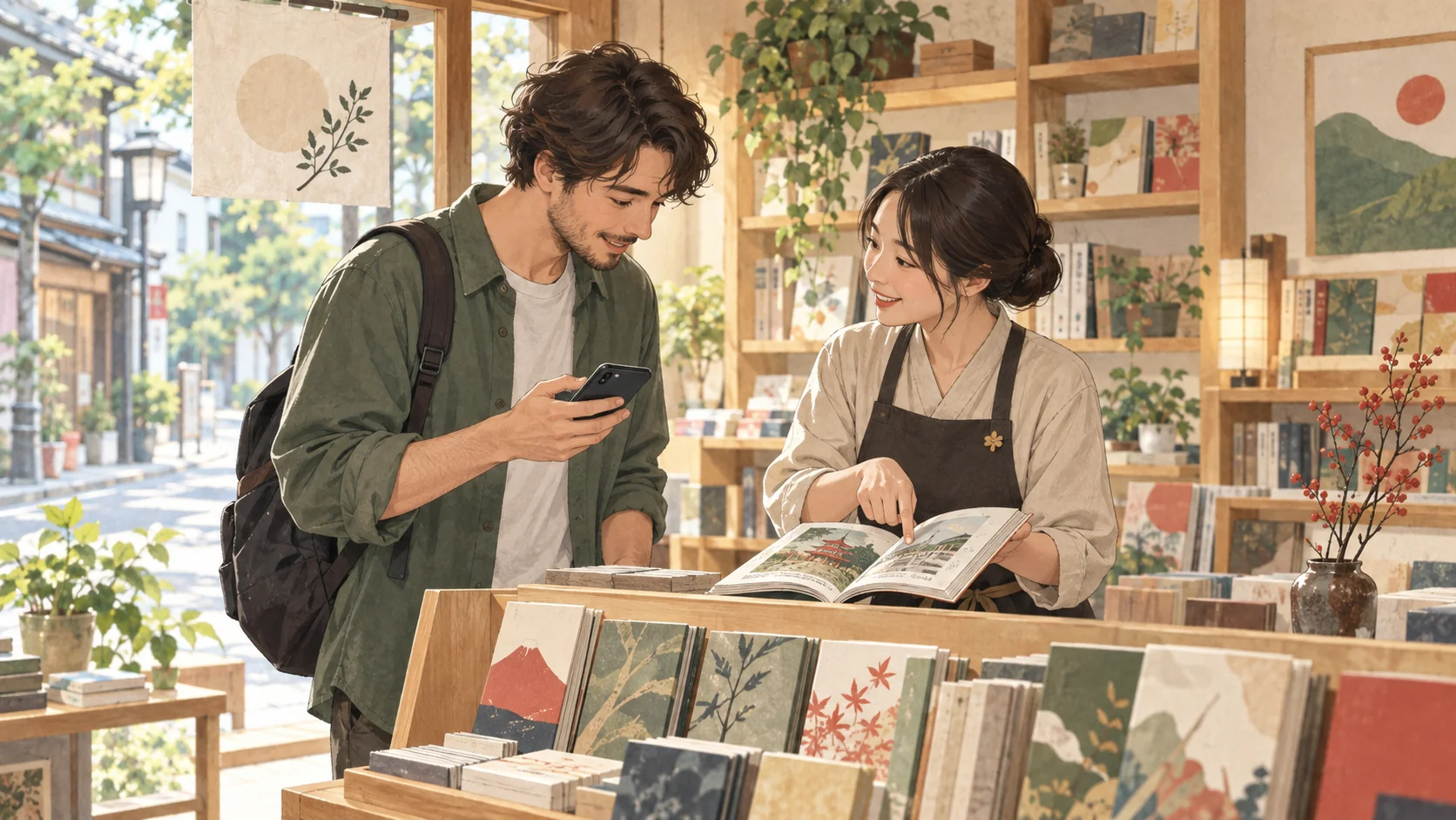 A visitor using a smartphone while a Japanese bookseller points to an illustrated guidebook.