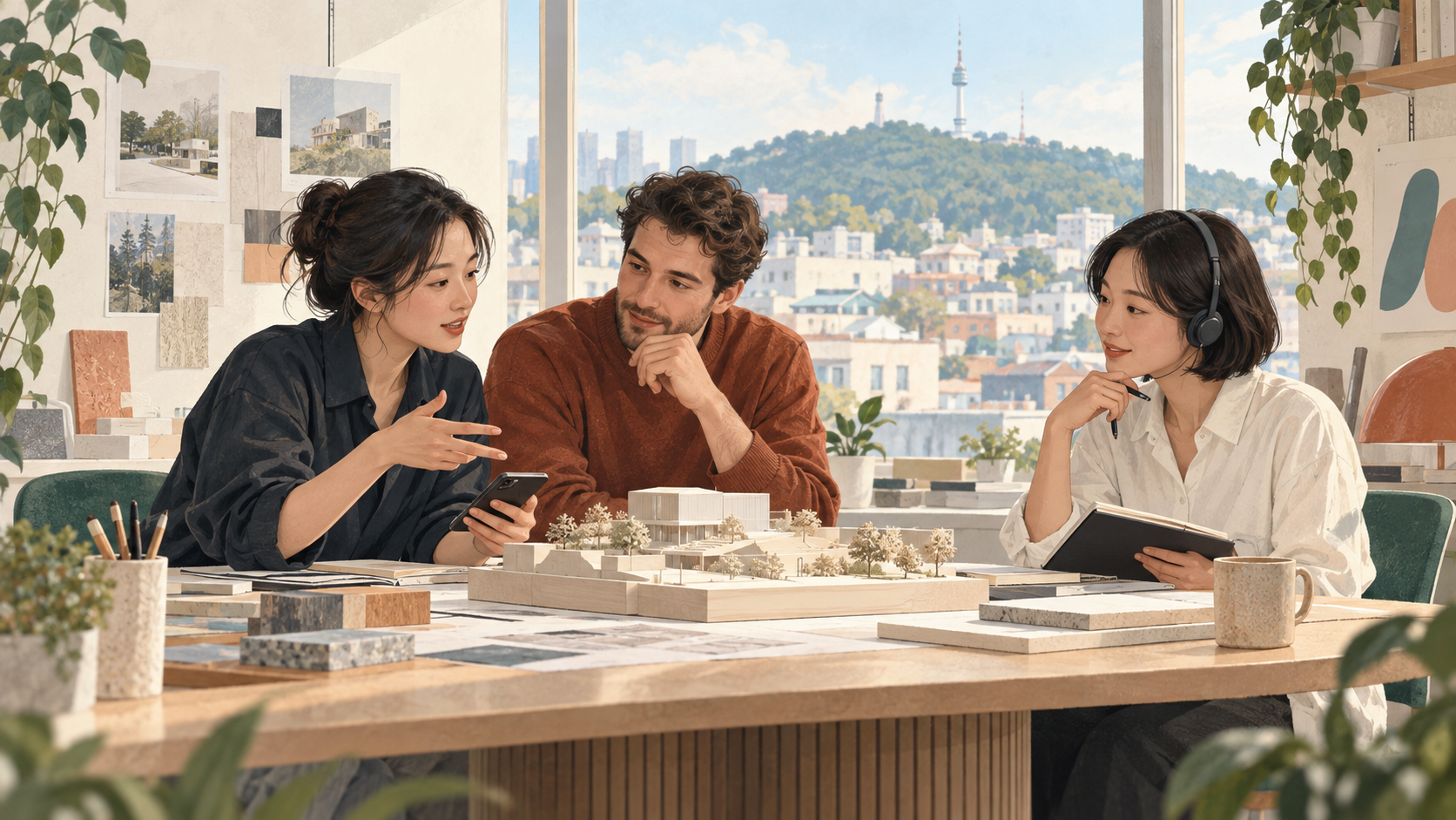 Colleagues discussing a design model in a bright Seoul studio with a phone and meeting notes.