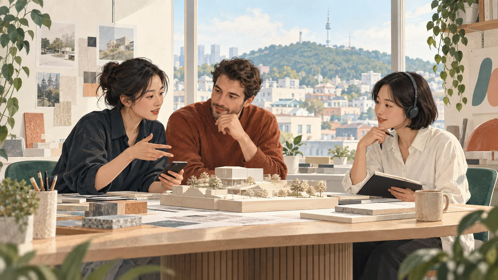 Colleagues discussing a design model in a bright Seoul studio with a phone and meeting notes.