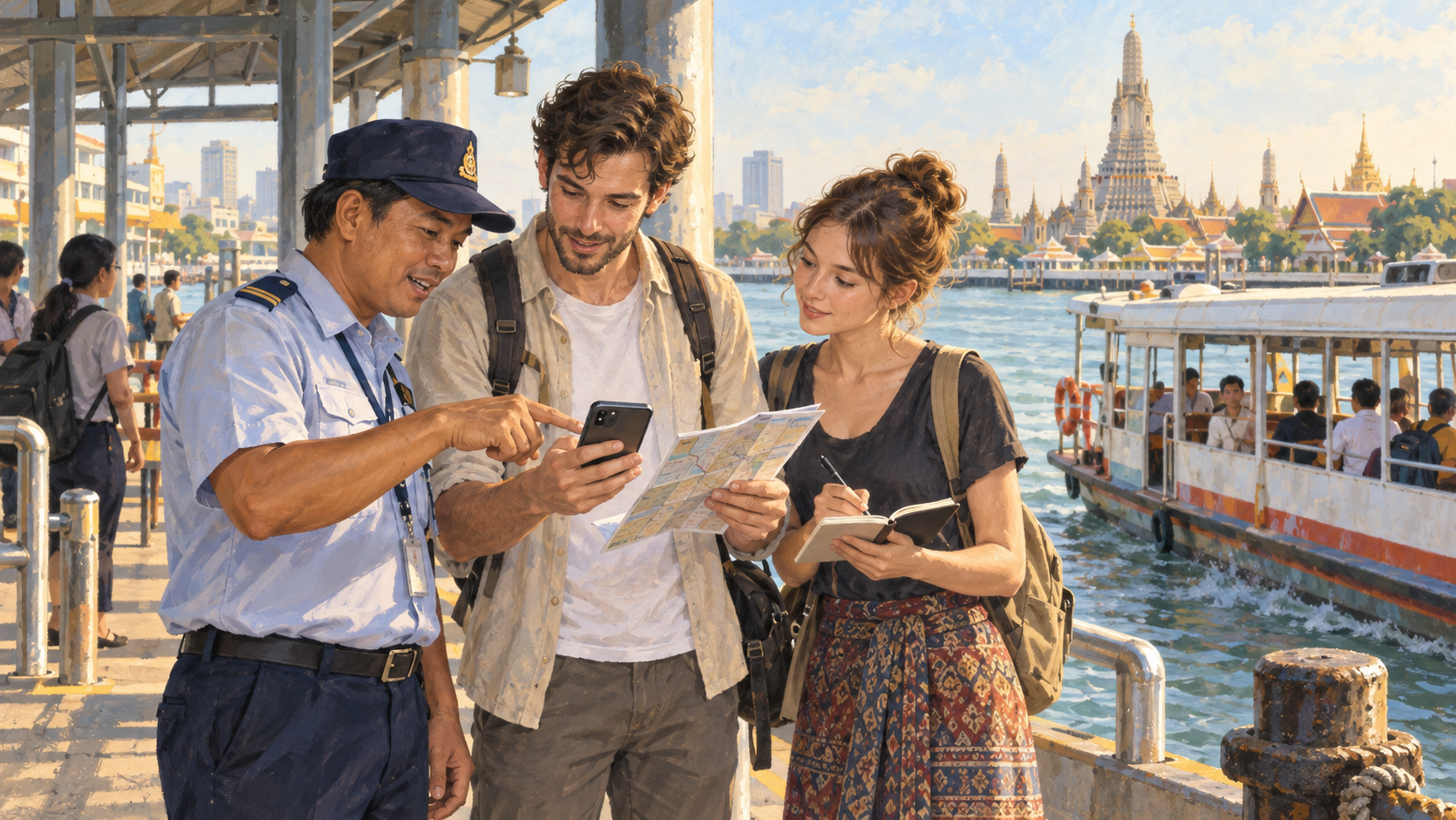 Travelers and a Thai ferry attendant checking a phone, map and notebook at a Bangkok riverside pier.