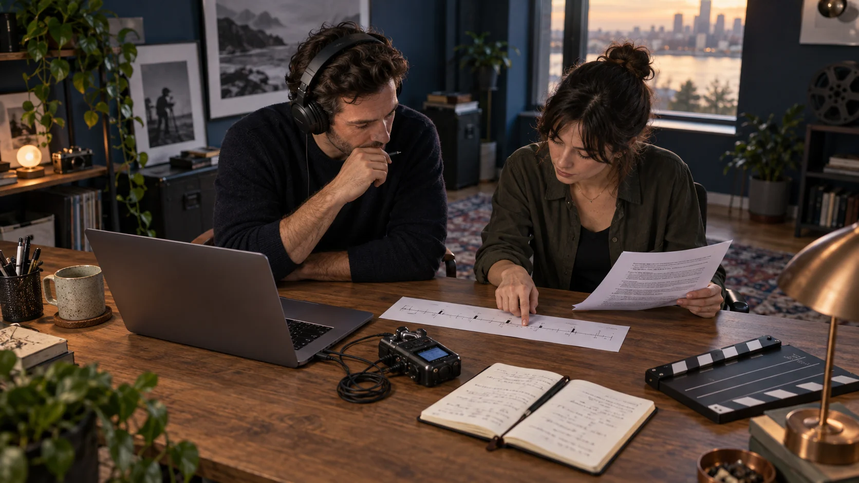Two colleagues listening to a recording and reviewing a paper transcript at an editing desk.