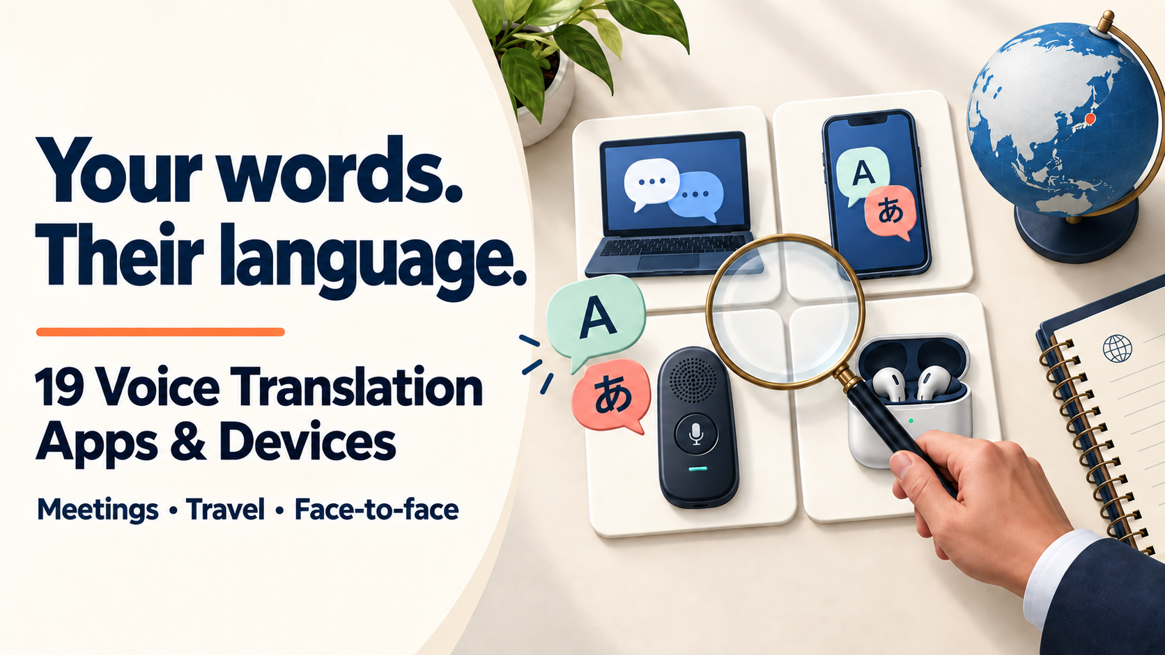 Your words. Their language. Compare 19 voice translation apps and devices for meetings, travel and face-to-face conversations, illustrated with a laptop, phone, handheld translator and earbuds.