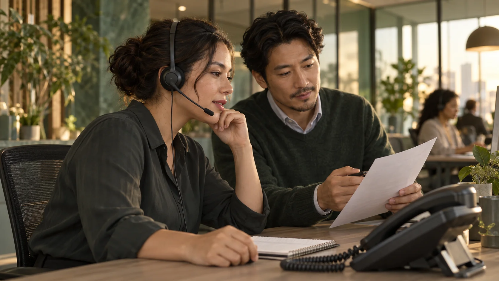 A headset-wearing support specialist and colleague reviewing notes during a customer call.