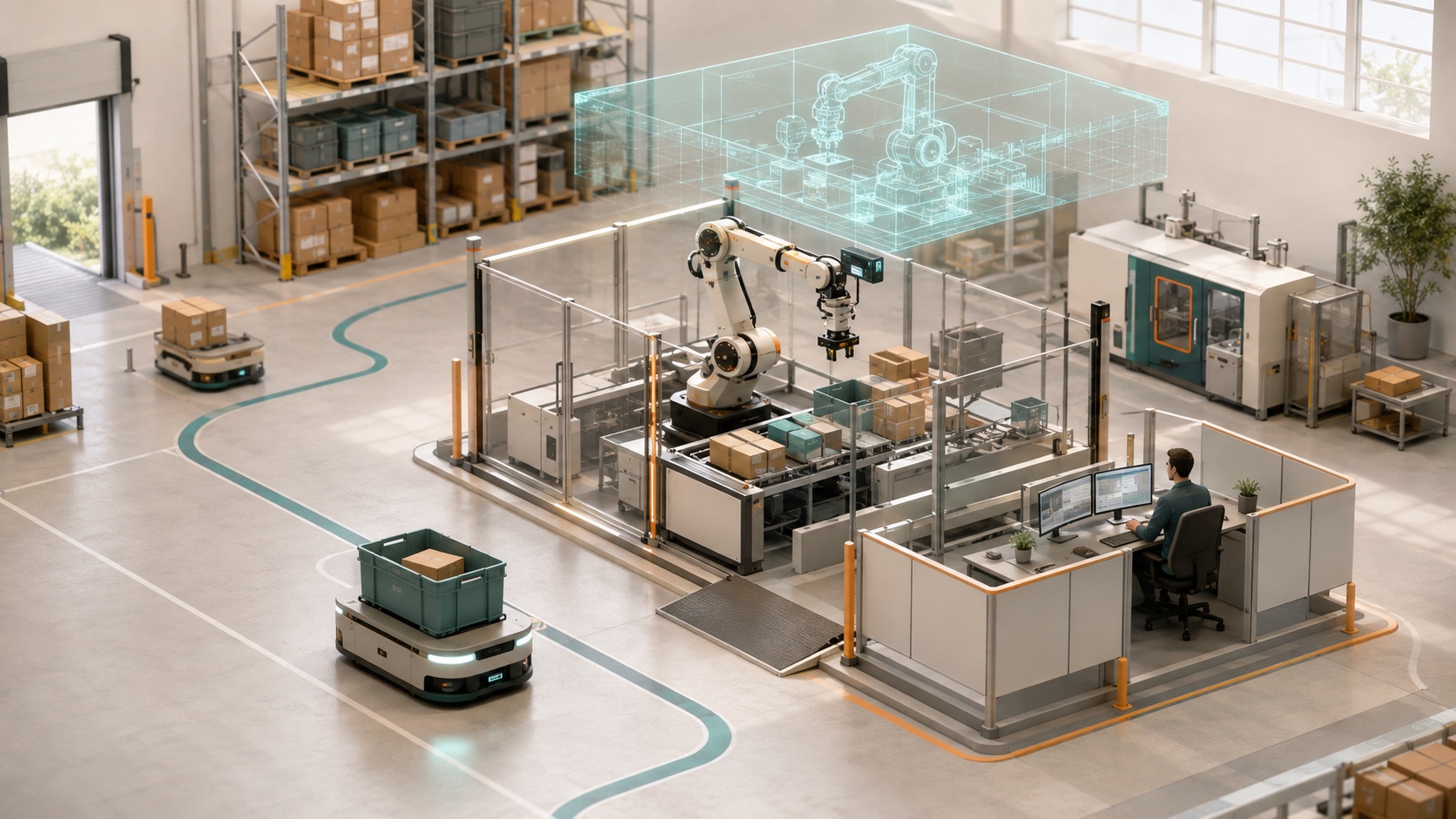 Conceptual factory and warehouse with a vision-guided robot arm, mobile robots, a simulation model, and a human operator outside the guarded work area