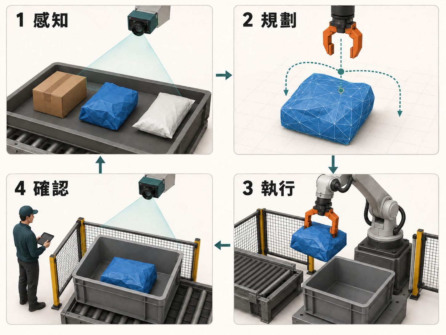 包裹處理範例分為感知、規劃、執行、確認四個階段,例外情況由人員協助處理