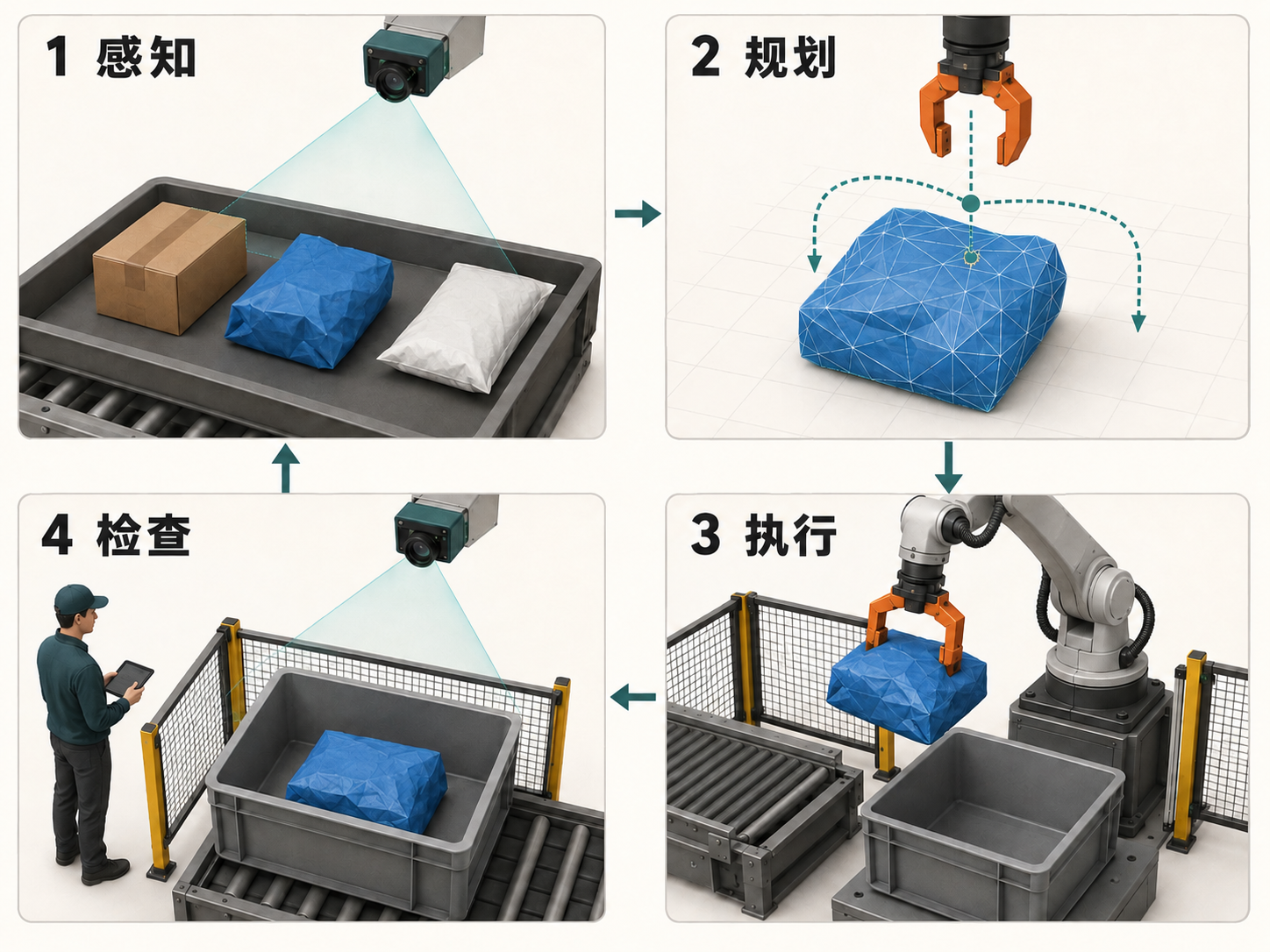 包裹处理示例分为感知、规划、执行、检查四个阶段,异常情况由人员协助处理