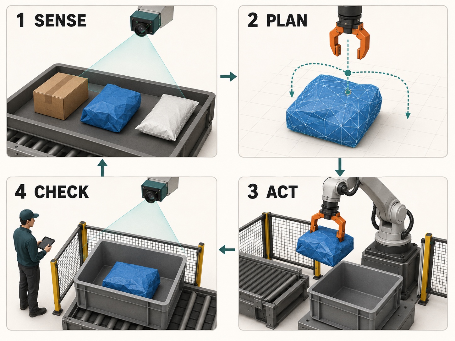 A parcel-handling example follows four stages: sense, plan, act, and check, with human help for exceptions
